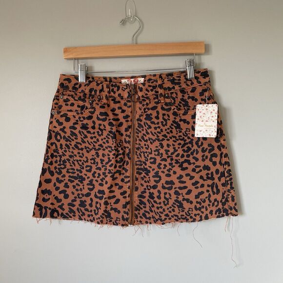 Free People Dresses & Skirts - Free People We The Free Denim Mini Skirt Leopard Print Brown Black Women's 28